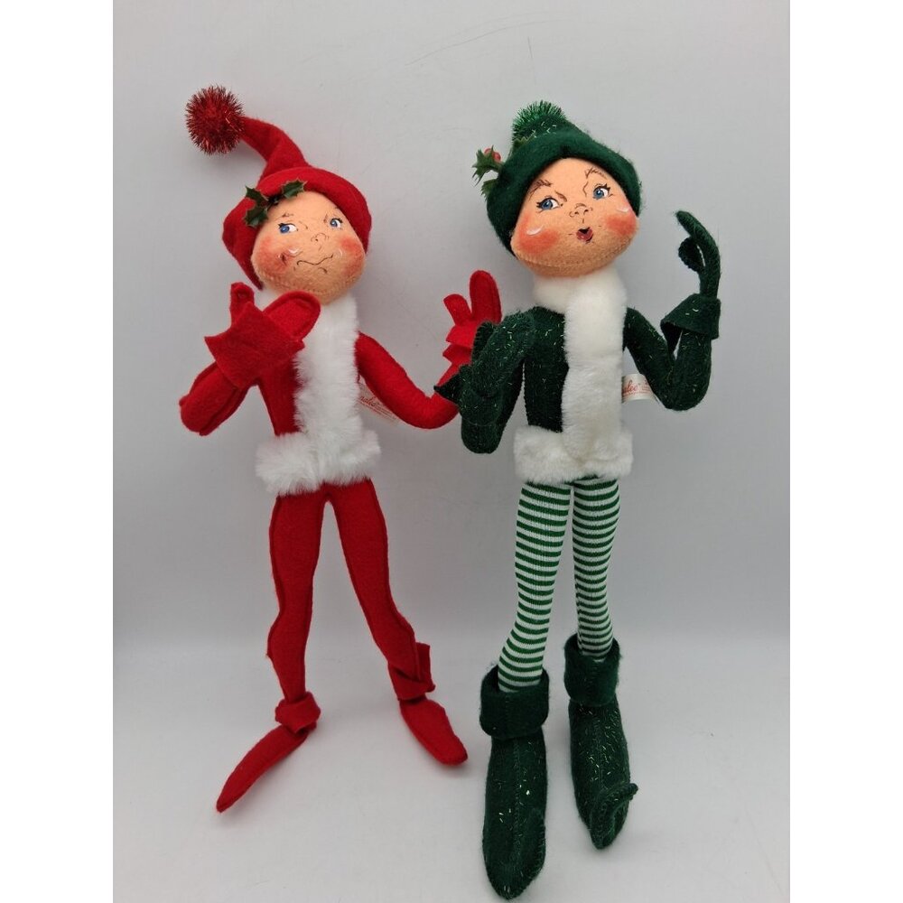 Annalee 2003 & 2004 Red & Green Christmas Elves Elf 14" Doll Christmas Holiday